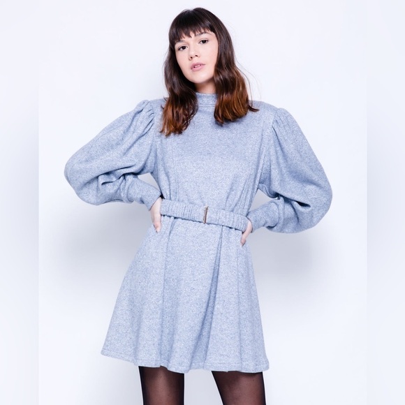 SABINA MUSAYEV Lotus Belted Lurex Mini Dress in shimmer light blue Small - Picture 1 of 9